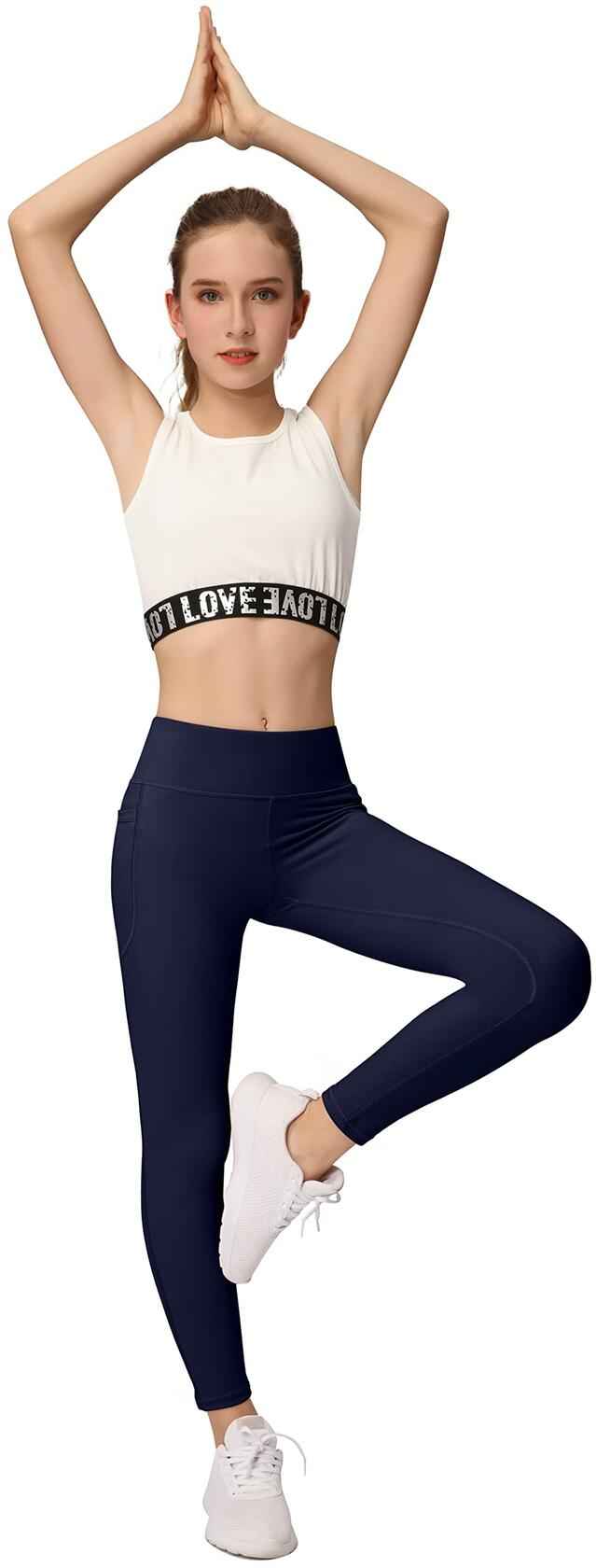 BHRIWRPY 4-Pack Girls Yoga Leggings with 2 Pockets Kids Active Workout Pants