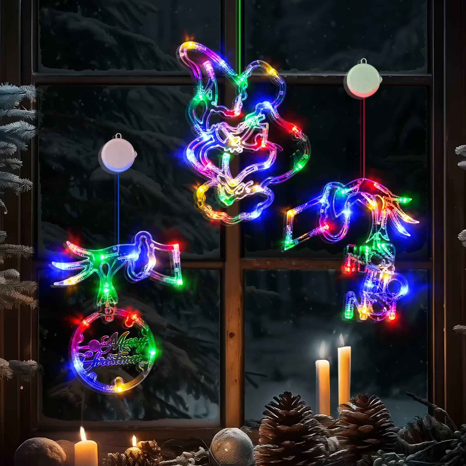 FASISOY 3 Pack Multi-Color Christmas Window Lights Battery Operated Timer