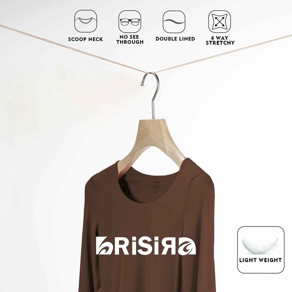 BRISIRA Women's Brown Long Sleeve Scoop Neck Crop Top Slim Fit Size S