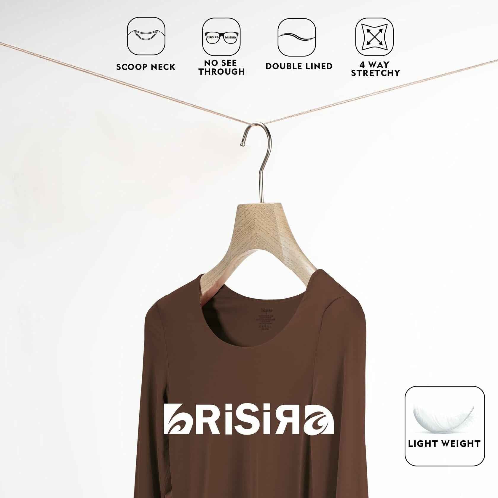 BRISIRA Women's Brown Long Sleeve Scoop Neck Crop Top Slim Fit Size S