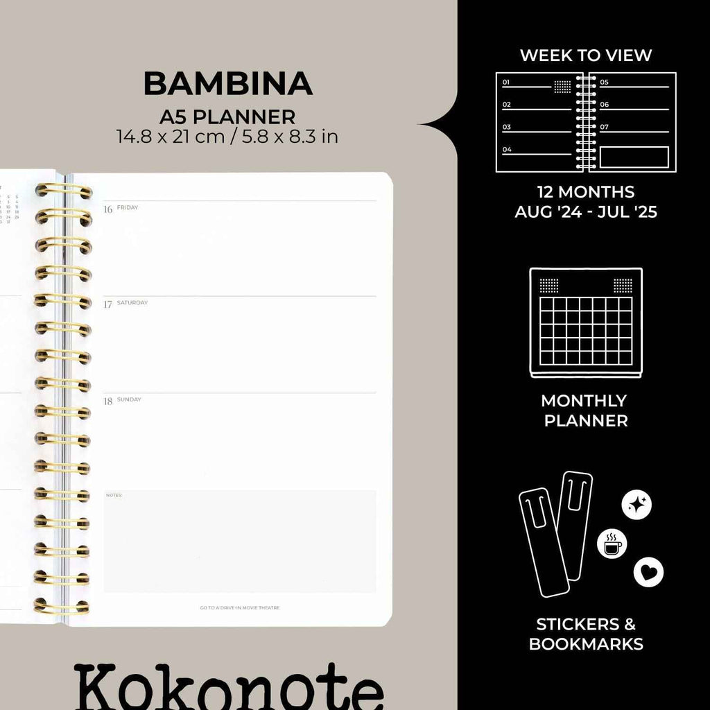 Kokonote Misty Gray A5 Academic Planner 2024-2025 Weekly 12 Months