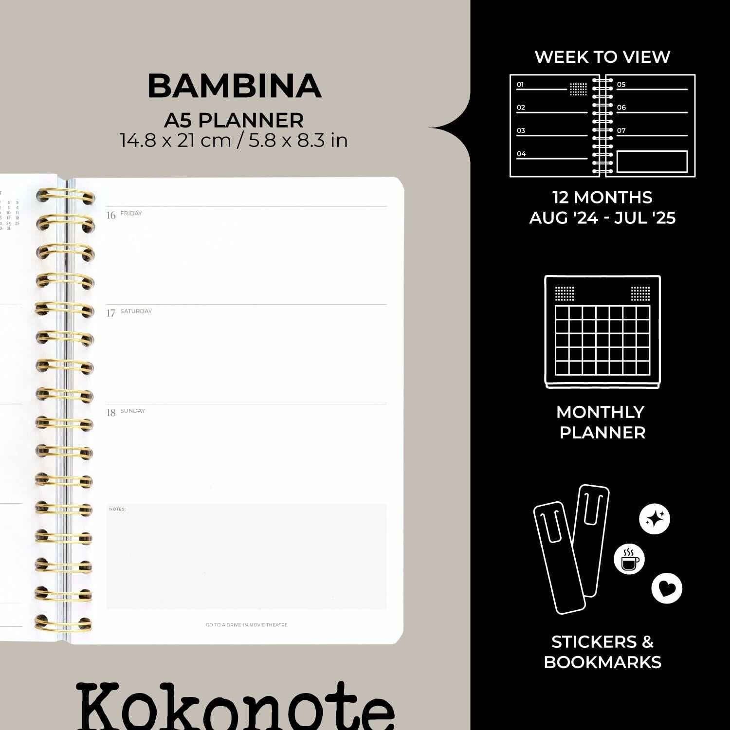 Kokonote Misty Gray A5 Academic Planner 2024-2025 Weekly 12 Months