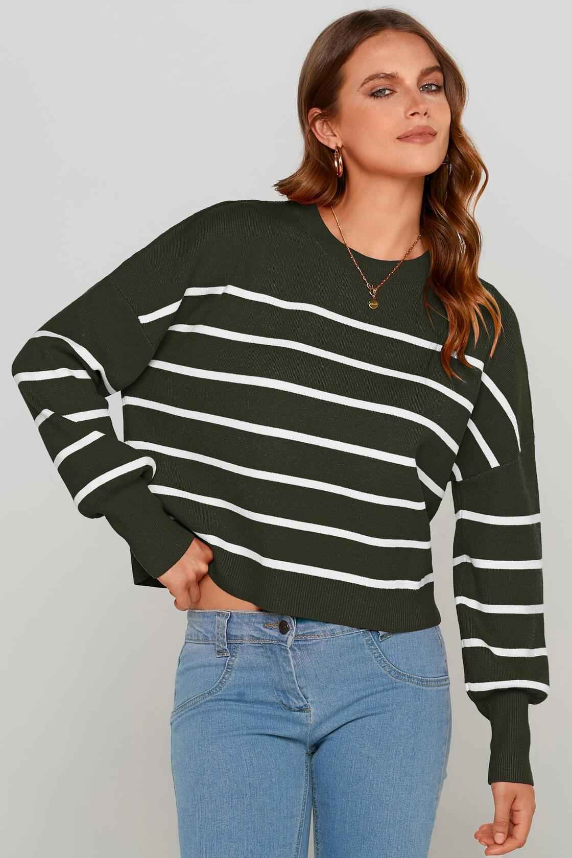 PRETTYGARDEN Women's White Fall Cropped Striped Sweater Oversized Size L