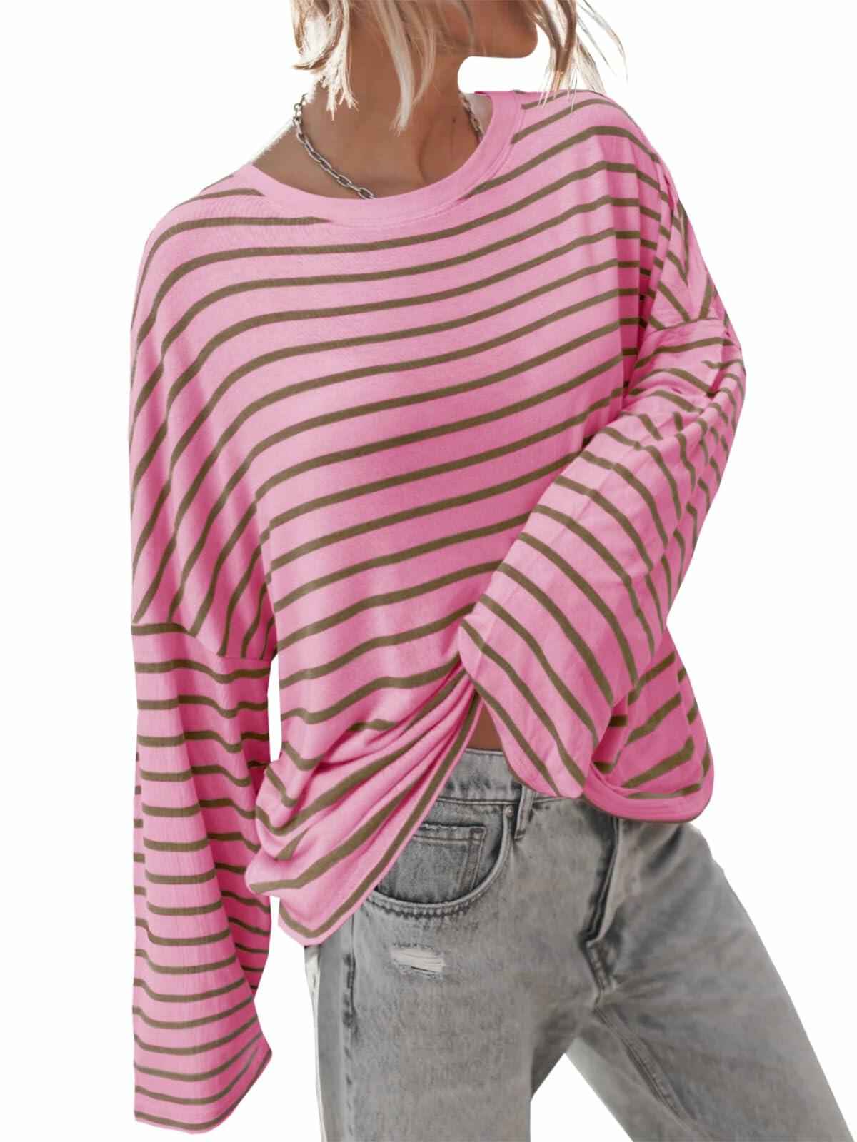 BZB Womens Beige Striped Long Sleeve Shirt Oversized Tunic Top M