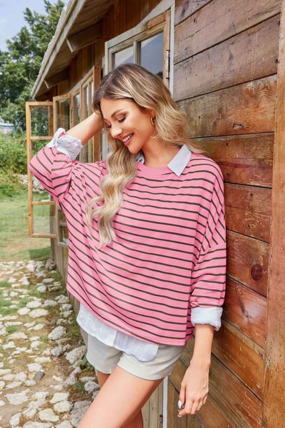 BZB Womens Beige Striped Long Sleeve Shirt Oversized Tunic Top M