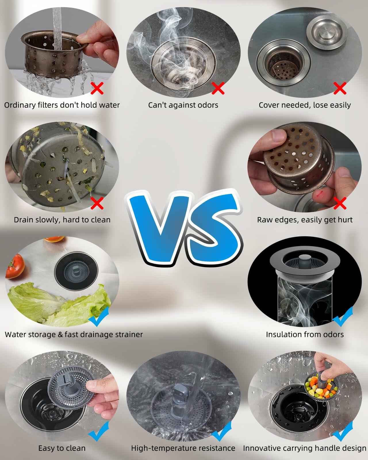 Hibbent 3-in-1 Kitchen Sink Drain Strainer Stopper Combo Black Stainless 1 Pack