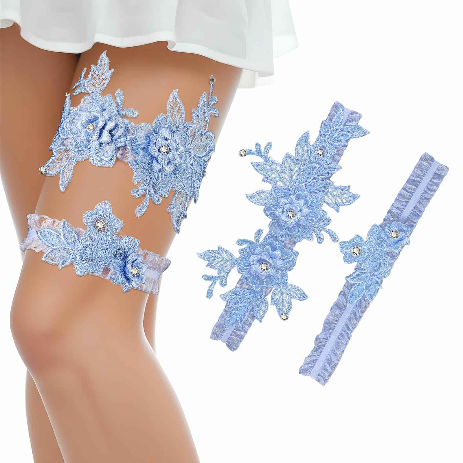 AHQiZFX Wedding Garter Set 2pcs Blue Large Soft Lace Stretchy for Bride New