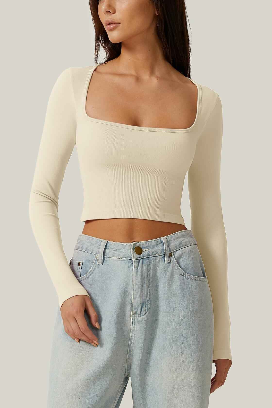 Meyeeka Womens Crop Top Long Sleeve Square Neck Beige Size M