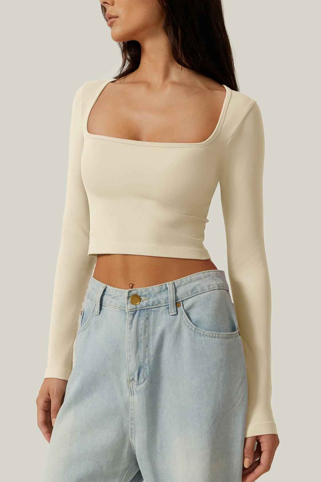 Meyeeka Womens Crop Top Long Sleeve Square Neck Beige Size M