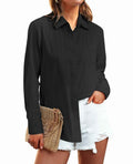 Siliteelon Women's Linen Button Down Shirt Black Long Sleeve Casual Size 2XL