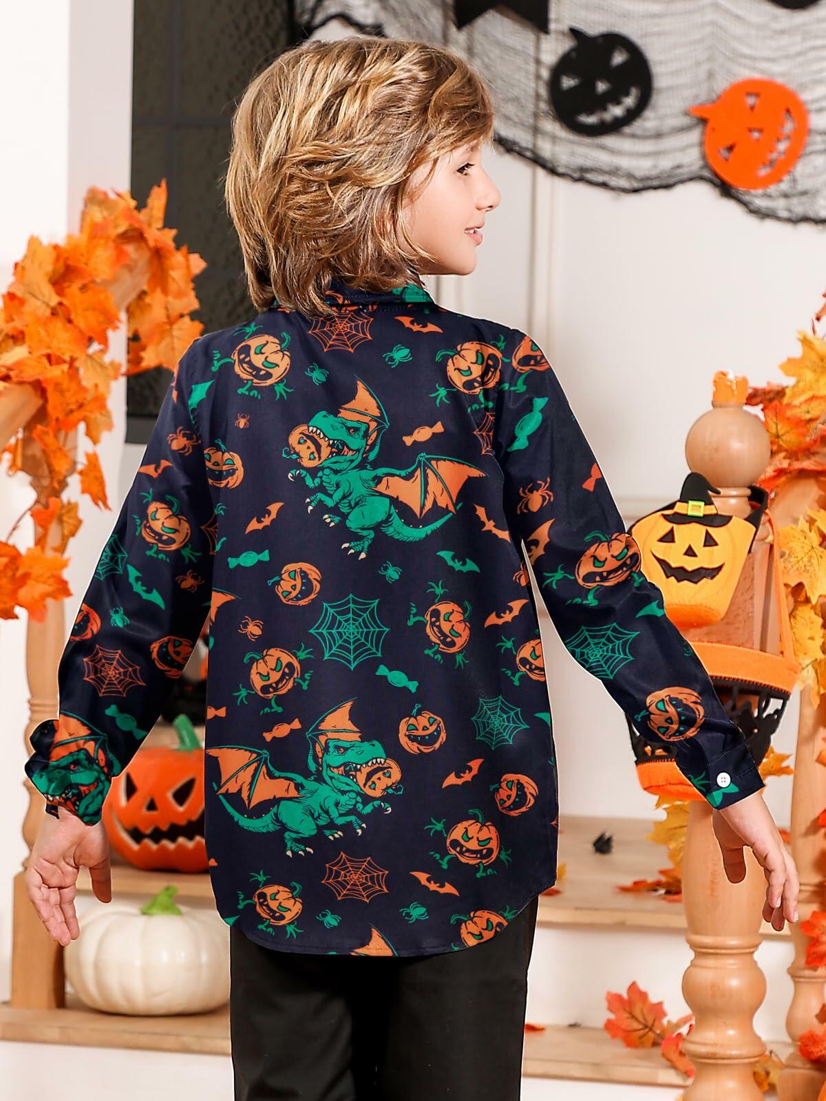 Halloween Dinosaur Shirt Boys 11-12 Long Sleeve Pumpkin Button Up