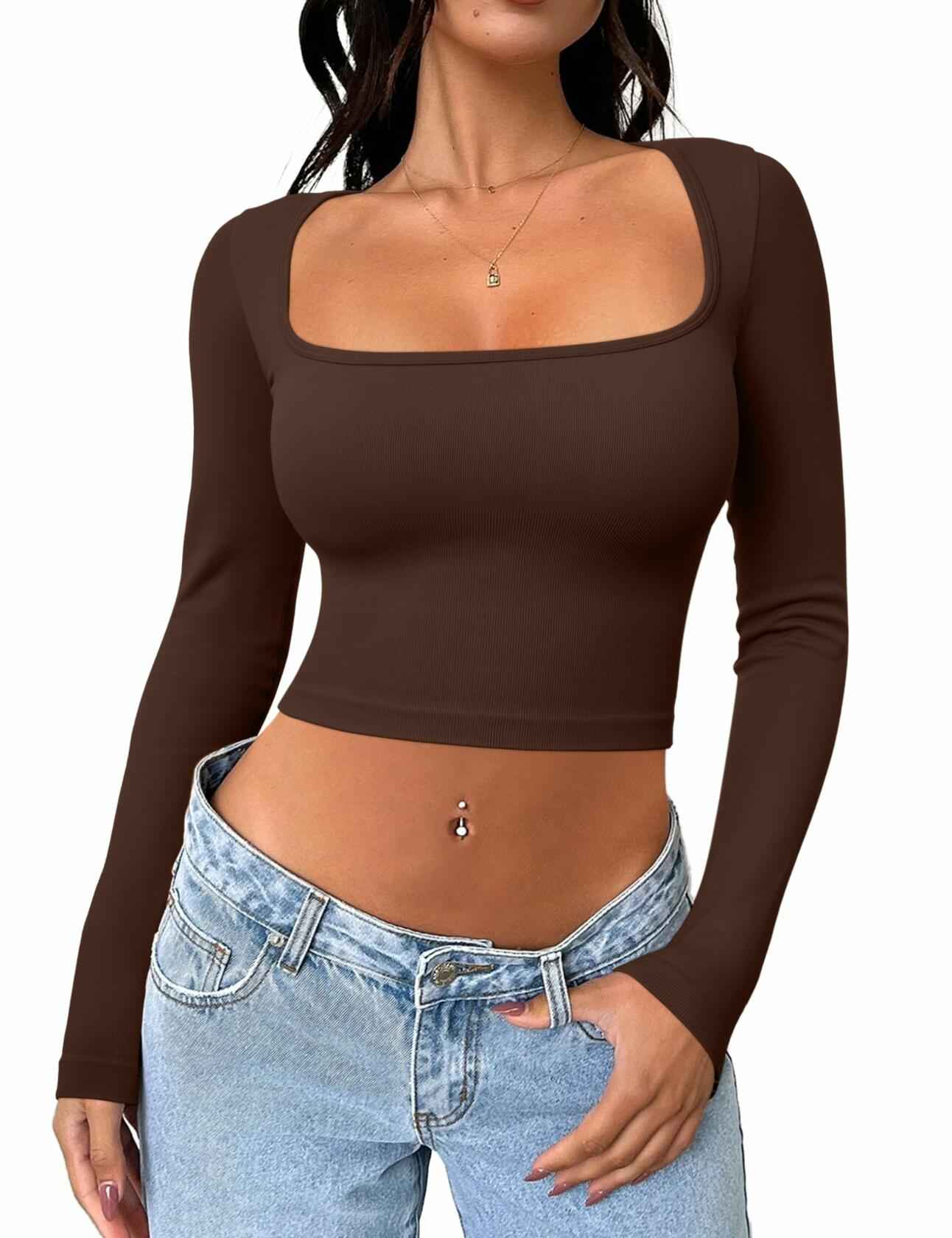 Meyeeka Women's Cinnamon Seamless Cropped Yoga Top Long Sleeve Square Neck - L