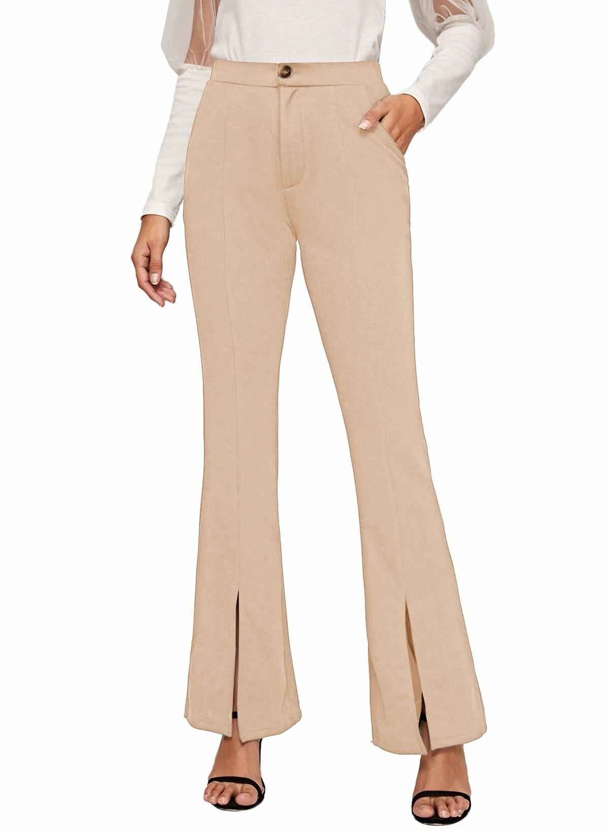 EVALESS Womens Flared Dress Pants Beige XL Slim High Waisted Pockets