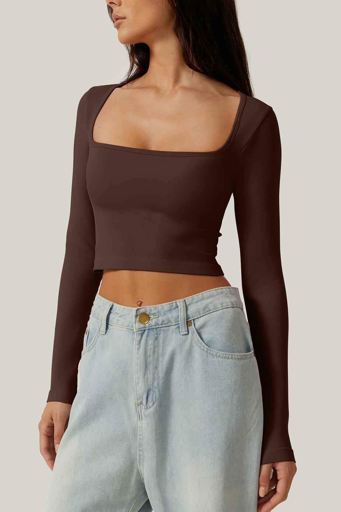 Meyeeka Women's Cinnamon Seamless Cropped Yoga Top Long Sleeve Square Neck - L