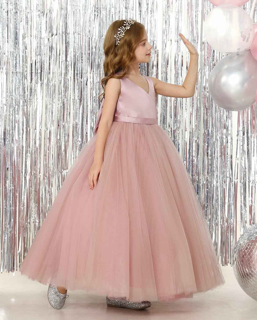 JISISANG White Satin Tulle Bow-Knot Flower Girl Dress Size 04