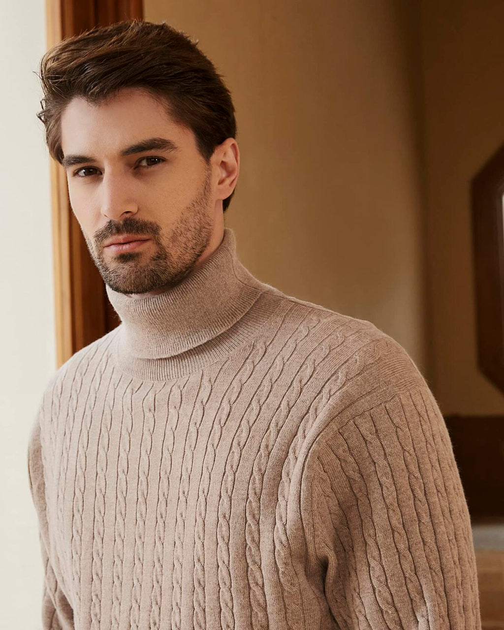 Kallspin Men's Wool Blend Cable-Knit Turtle Neck Sweater Coffee Size L