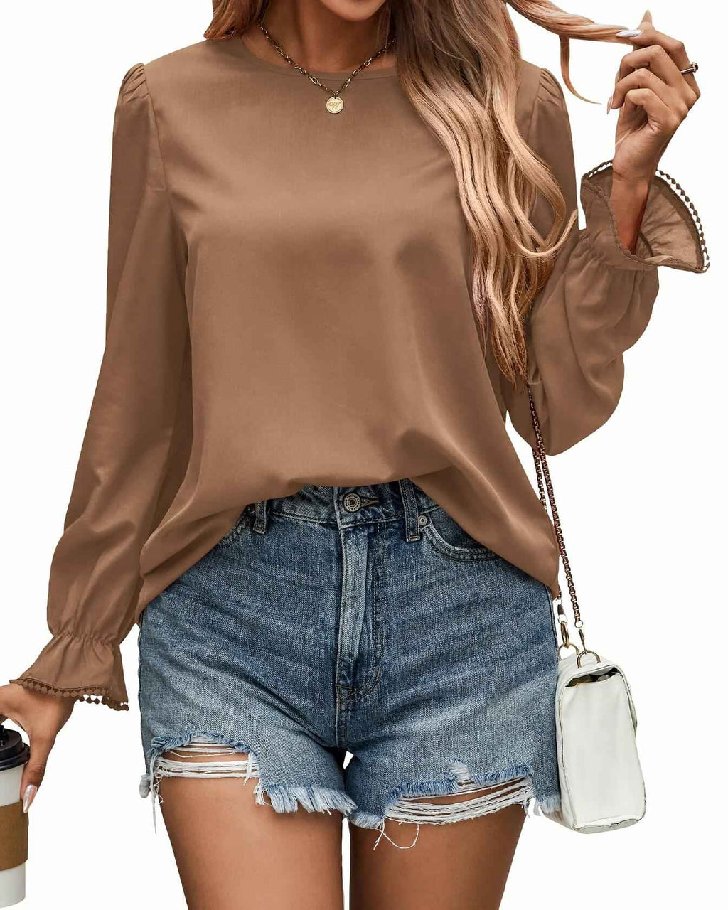 PRETTYGARDEN Ladies Blouse Khaki Pleated Ruffle Sleeve Size S