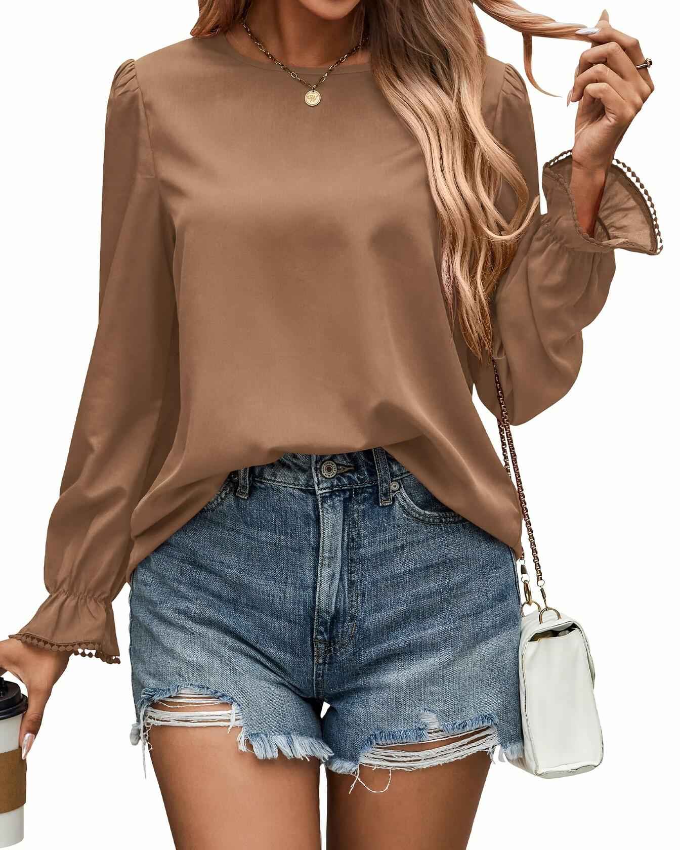 PRETTYGARDEN Ladies Blouse Khaki Pleated Ruffle Sleeve Size S