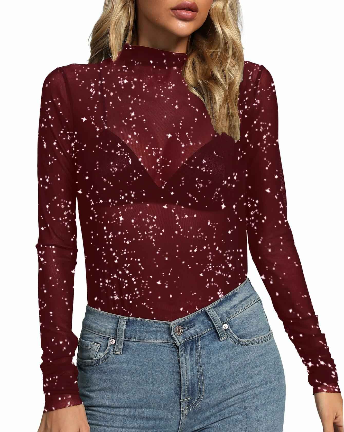 Rooscier Women's Sheer Mesh Mock Neck Long Sleeve Slim Fit Top Red Size M