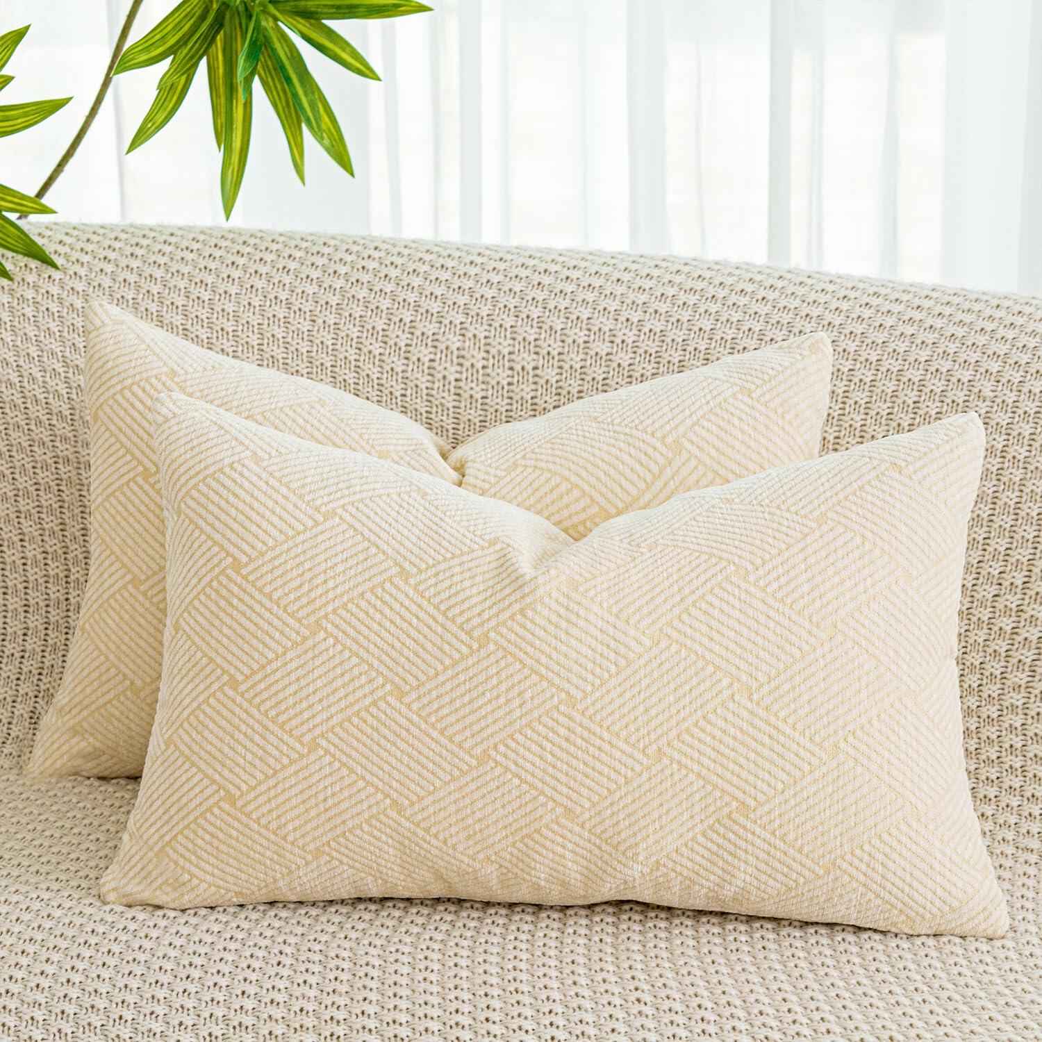 GEGELICA 2-Pack Beige Chenille Pillow Covers 12x20in Soft Modern Boho Throw