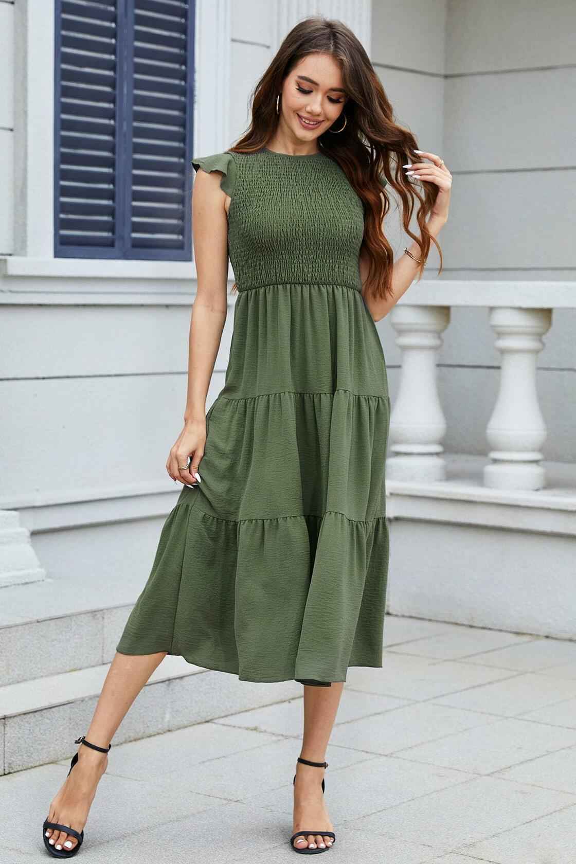 ZOOMOON Women's Maxi Dress Smocked Waist Army Green - Size XL