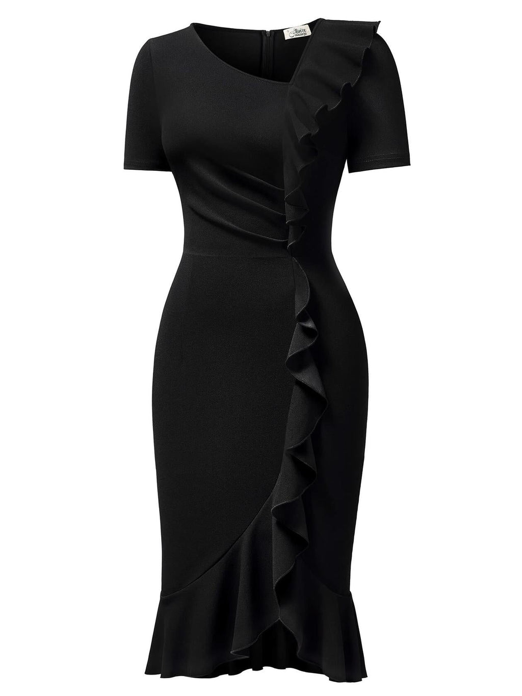 AISIZE Women's Vintage V-Neck Ruffle Slit Bodycon Dress Black Size L