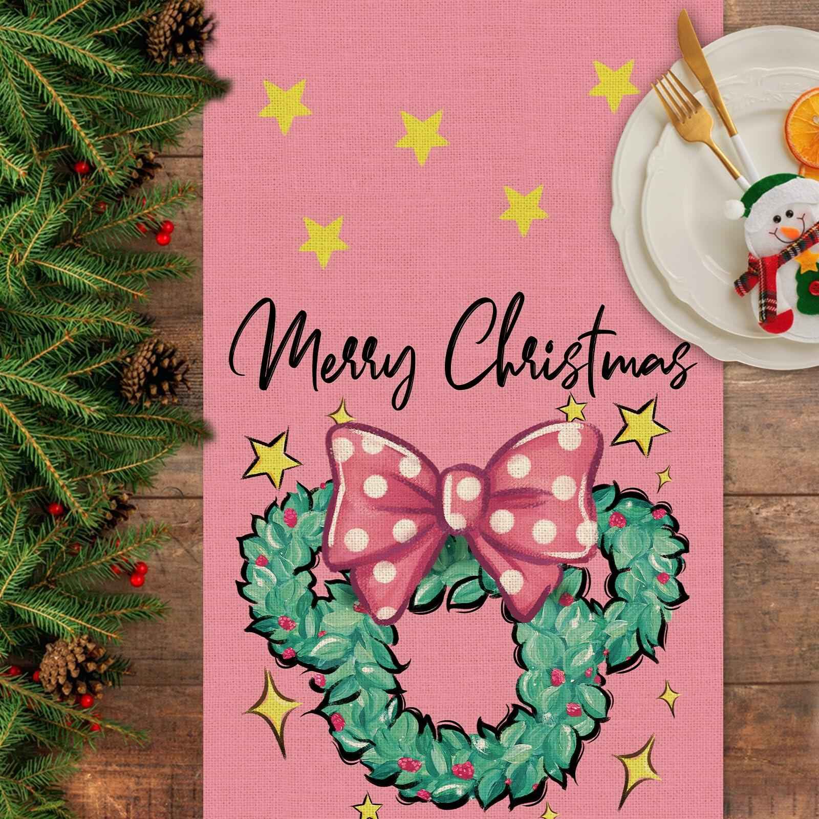 Seliem Christmas Wreath Table Runner Colorful Burlap 13x36 Inch Xmas Decor