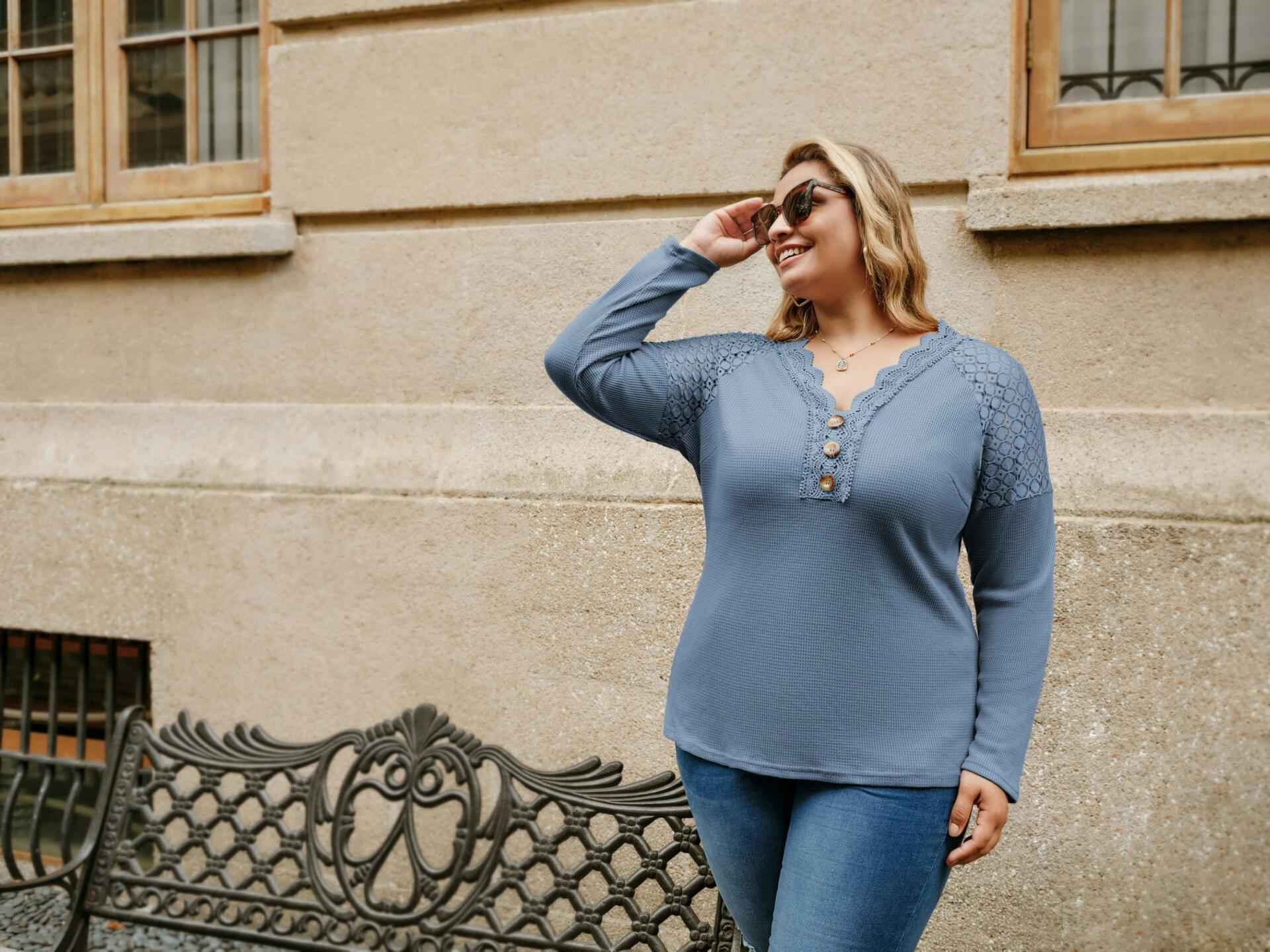 Hanna Nikole Women's Long Sleeve Shirt Trendy Grey Blue Size 20 Plus