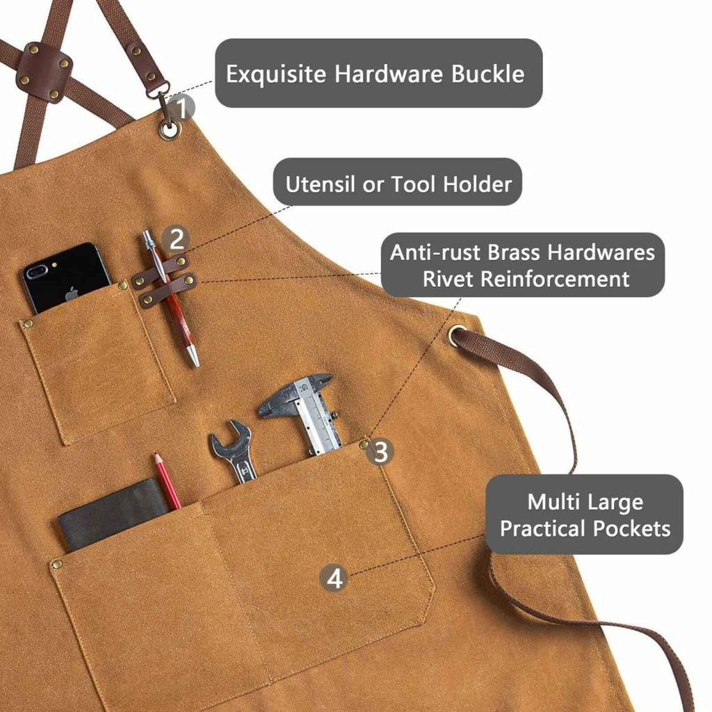 CONTAIL Heavy Duty Cotton Canvas Chef Apron Brown Adjustable Cross Back