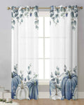 Thanksgiving Pumpkins Eucalyptus Sheer Curtains 84in 2 Panels Blue White