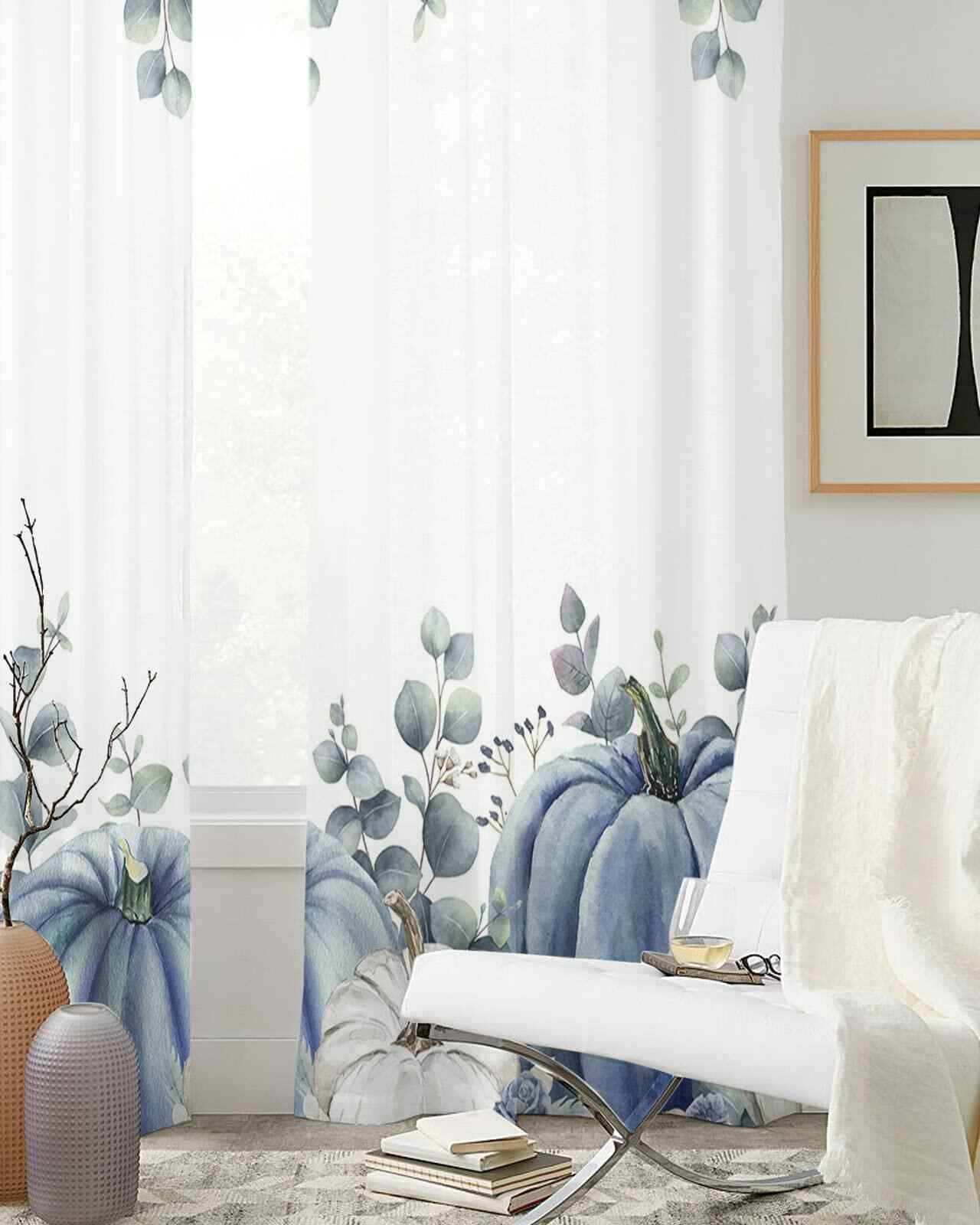 Thanksgiving Pumpkins Eucalyptus Sheer Curtains 84in 2 Panels Blue White