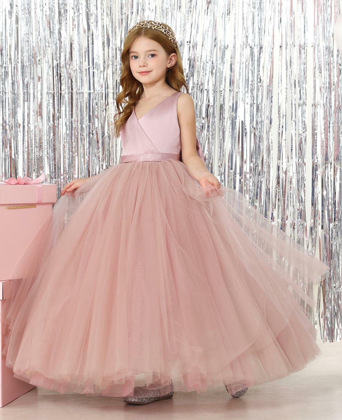 JISISANG Toddler Satin Tulle Dress Champagne Bow-Knot Flower Girl - Size 2