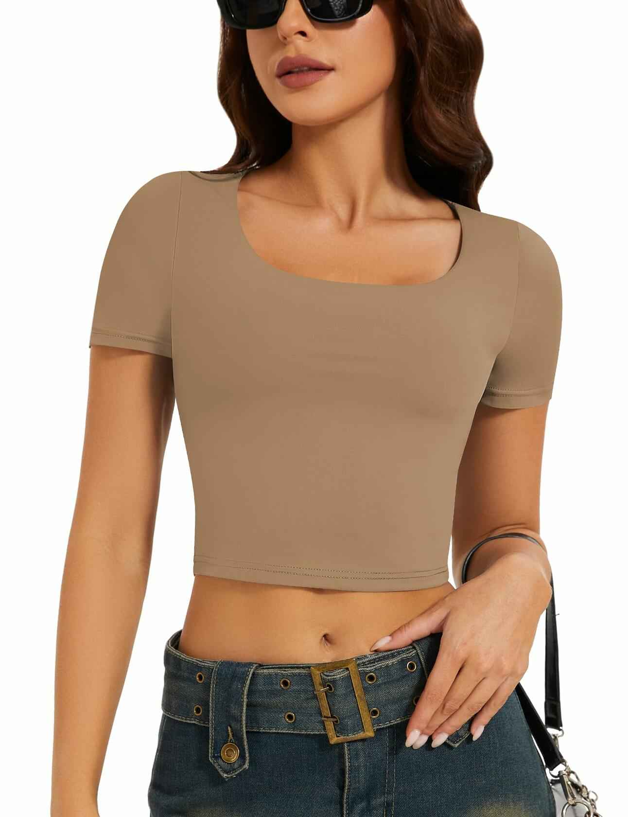 LOMON Women's Scoop Neck Short Sleeve T-Shirt Gray Blue Size S