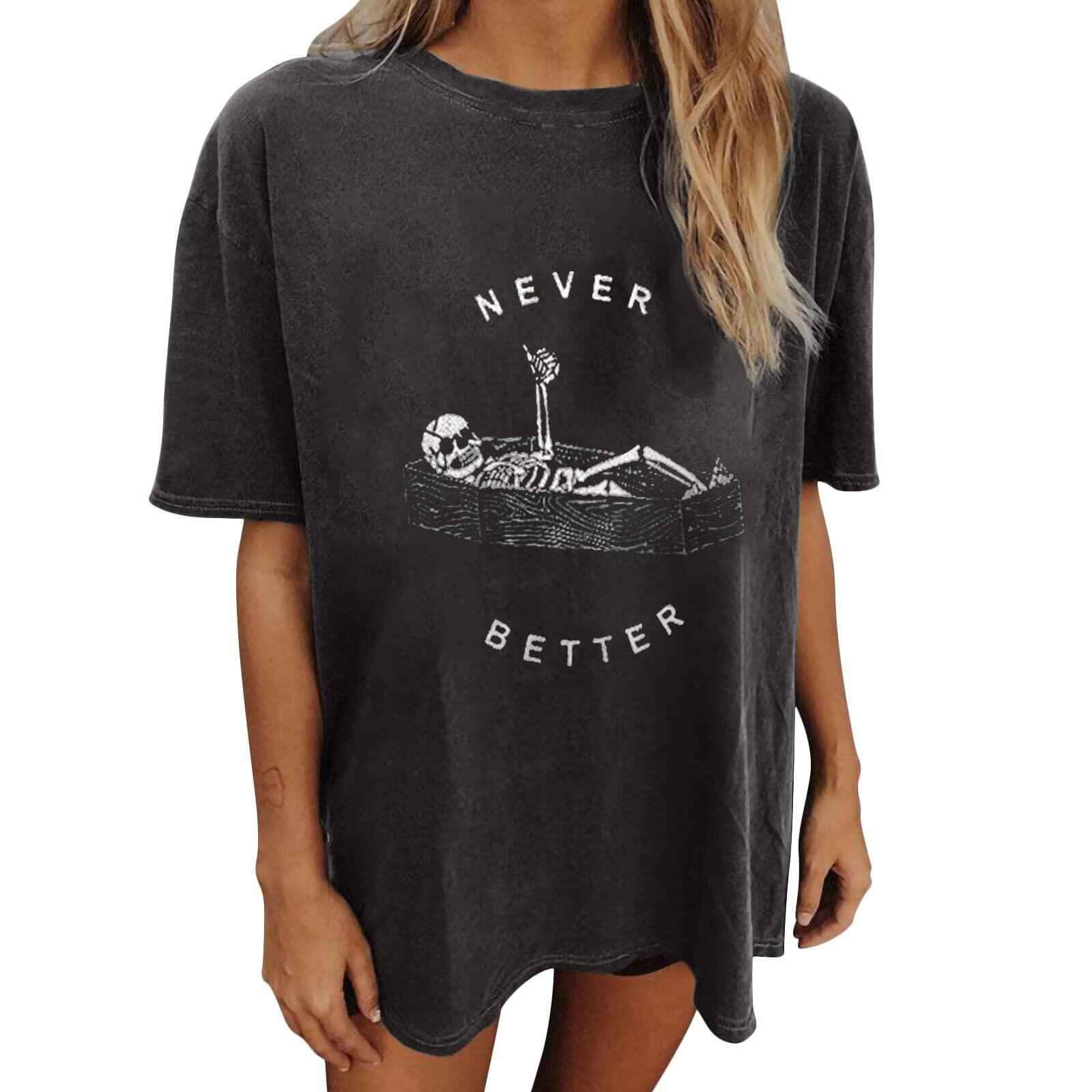 Wukreran Womens Plus Size Skeleton Skull Graphic Tee Short Sleeve Vintage