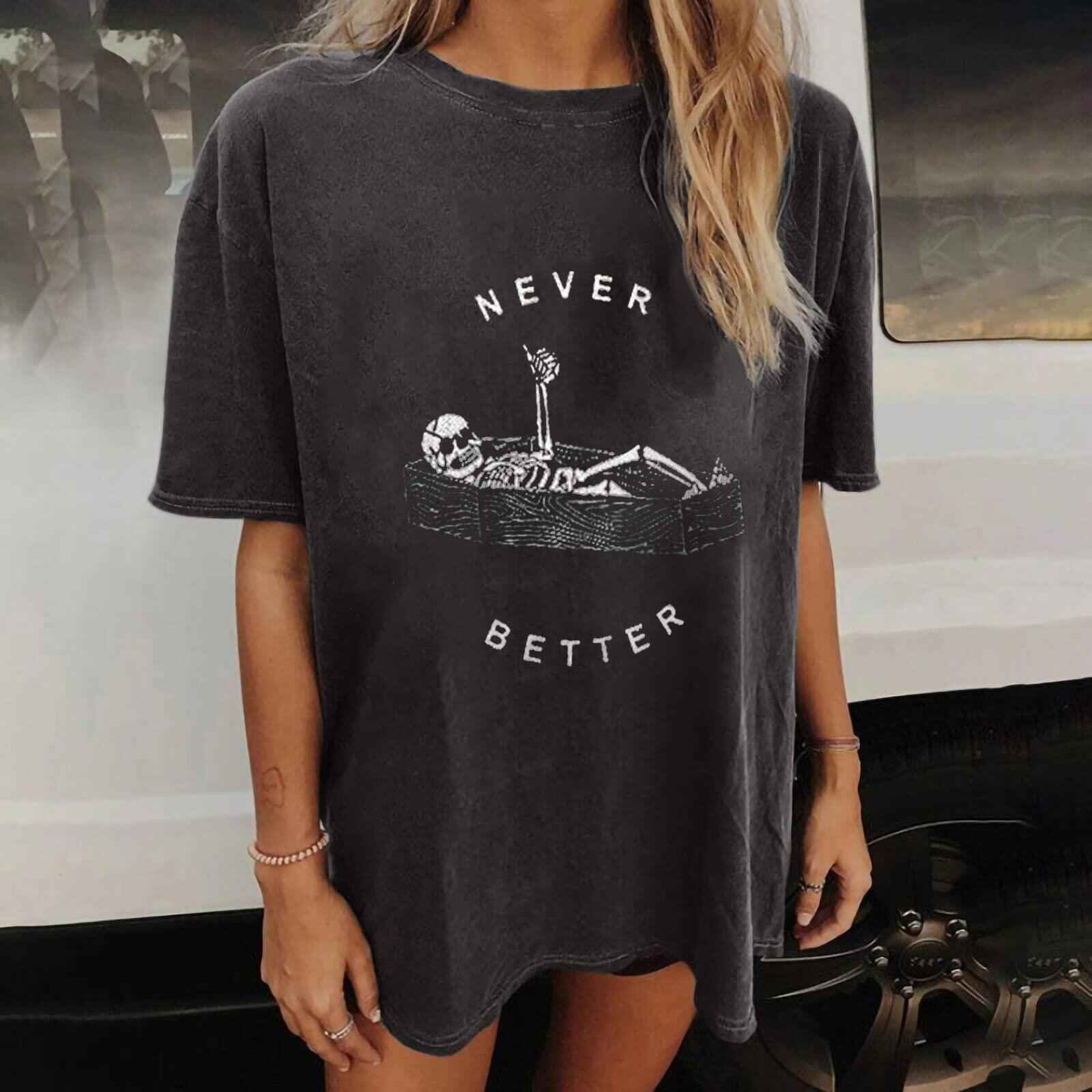 Wukreran Womens Plus Size Skeleton Skull Graphic Tee Short Sleeve Vintage