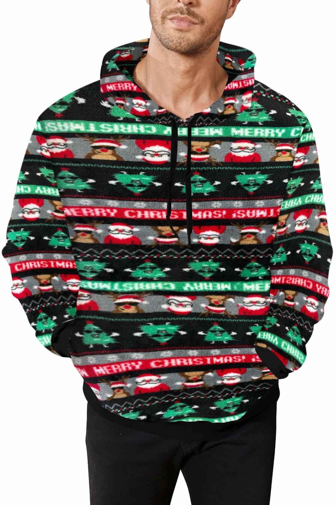 Runcati Mens Green Ugly Christmas Sherpa Hoodie Pullover Sweatshirt