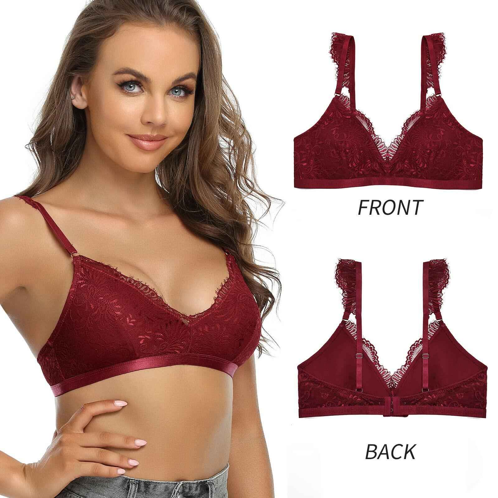 SHEKINI Wireless Padded Lace Bralette Women Size M Wine Red Wireless Bra