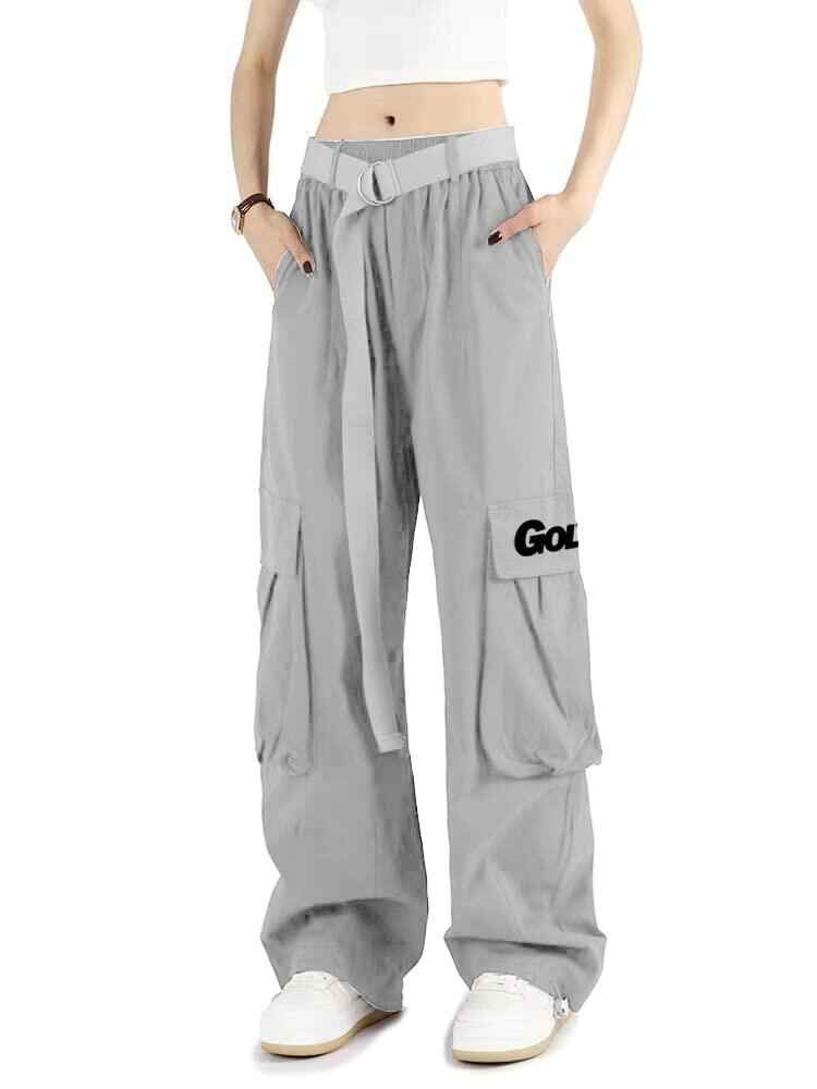 GOLYOY Women's Cargo Pants Grey Adjustable High Waist Baggy Wide Leg Size L