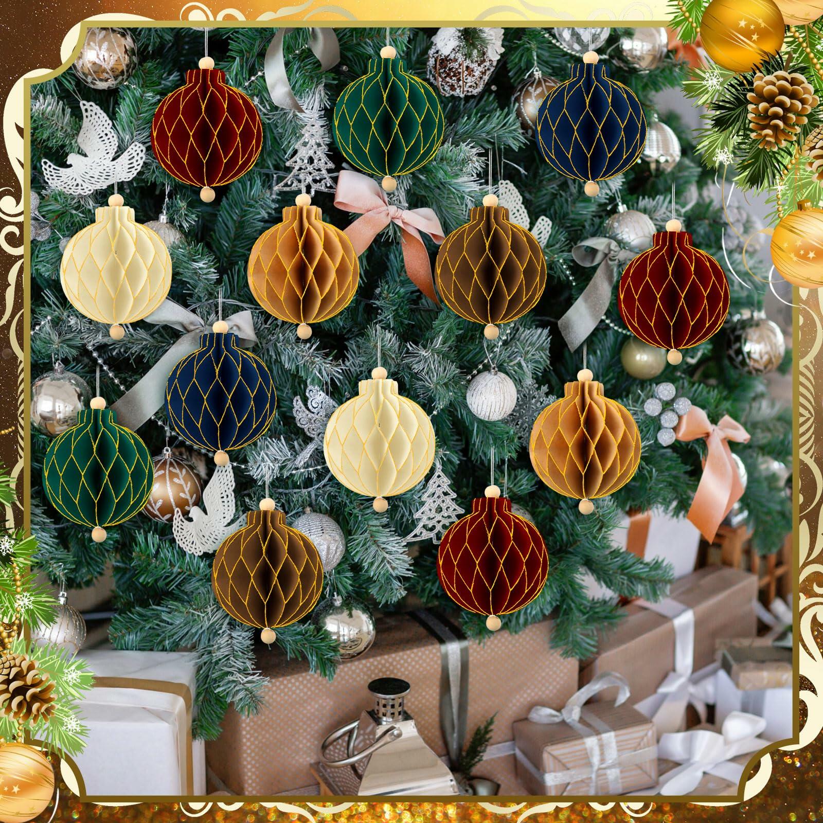 Watersay 18 Pc Glitter Christmas Honeycomb Ornaments Vintage Neutral Decor