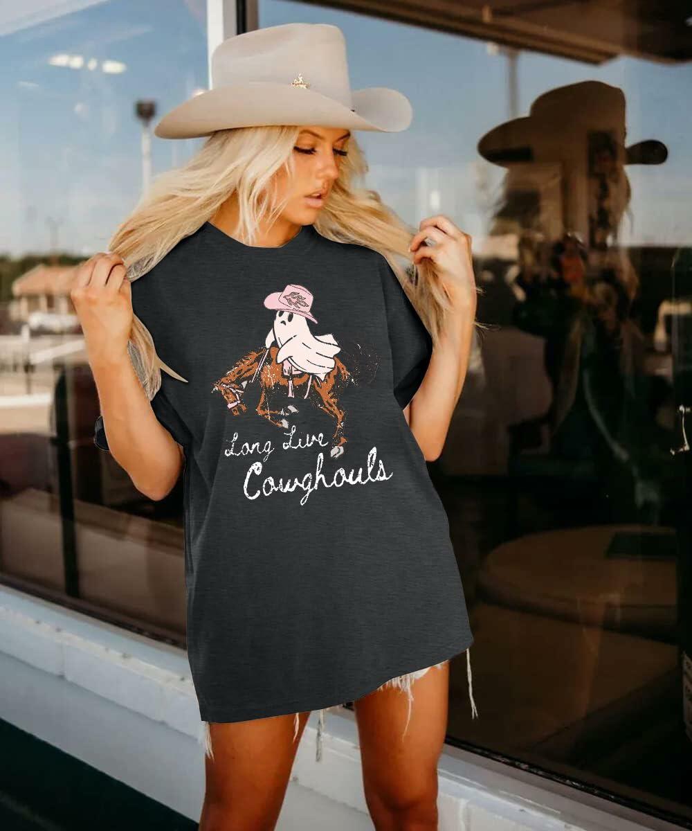Western Halloween T-Shirt Funny Cowghouls Spooky Grey Size M