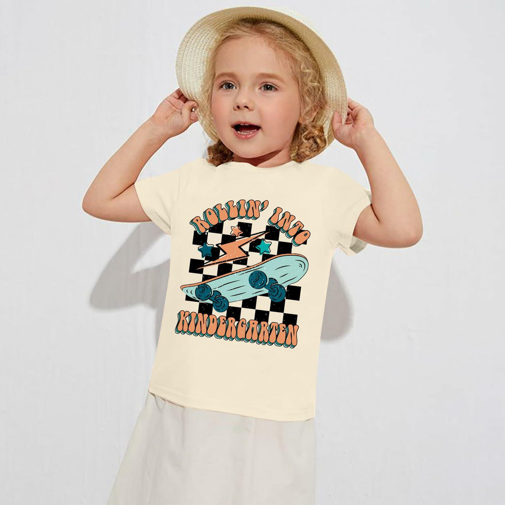 FAYALEQ Rollin Into Kindergarten Skateboard Shirt Beige Kids - Size 3-4T