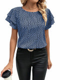 SOLY HUX Women's Ruffle Short Sleeve Blouse Casual Round Neck Blue Black Size S