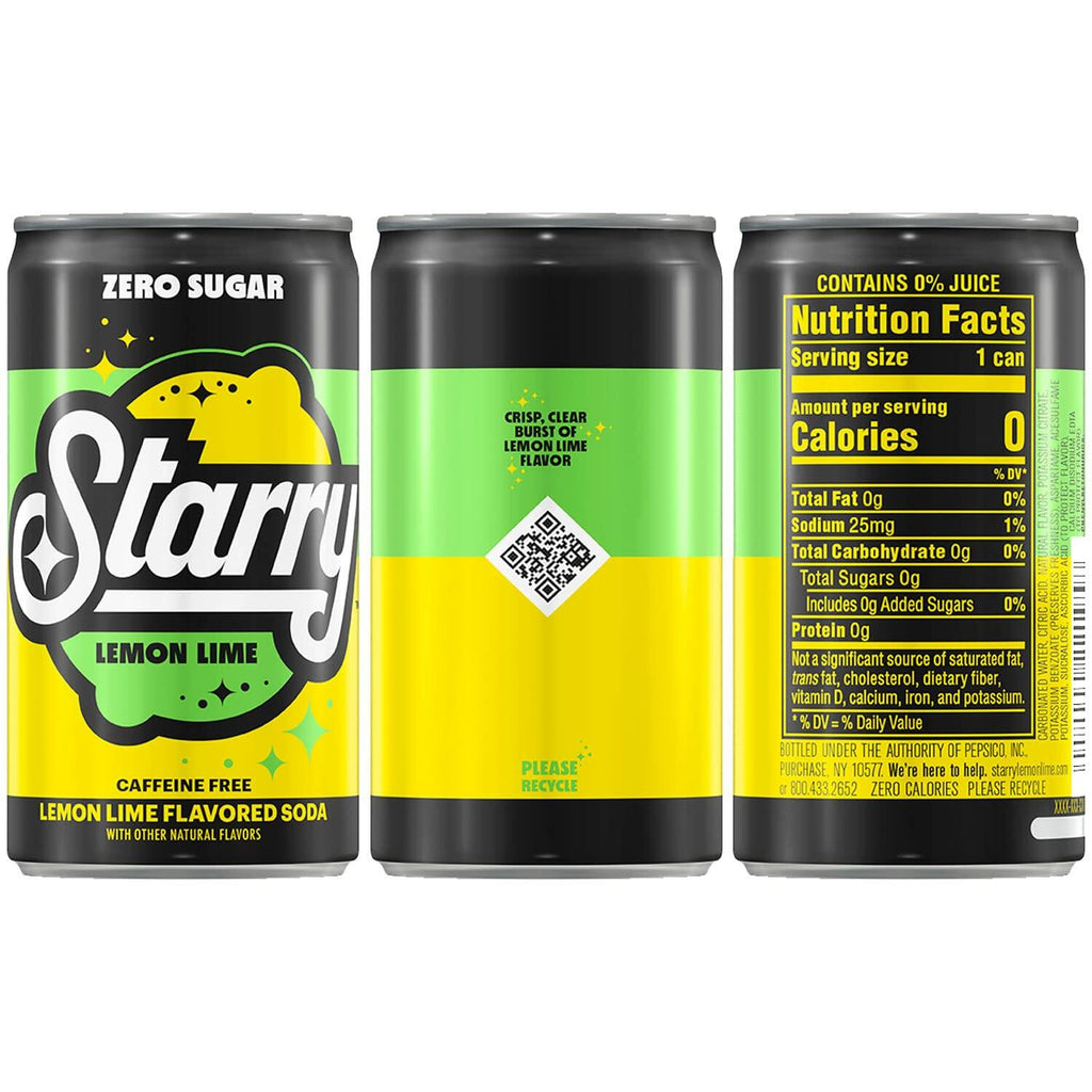 BestBy02/25 Starry Zero Sugar Lemon Lime Soda Caffeine Free Mini Cans 7.5oz 10pk