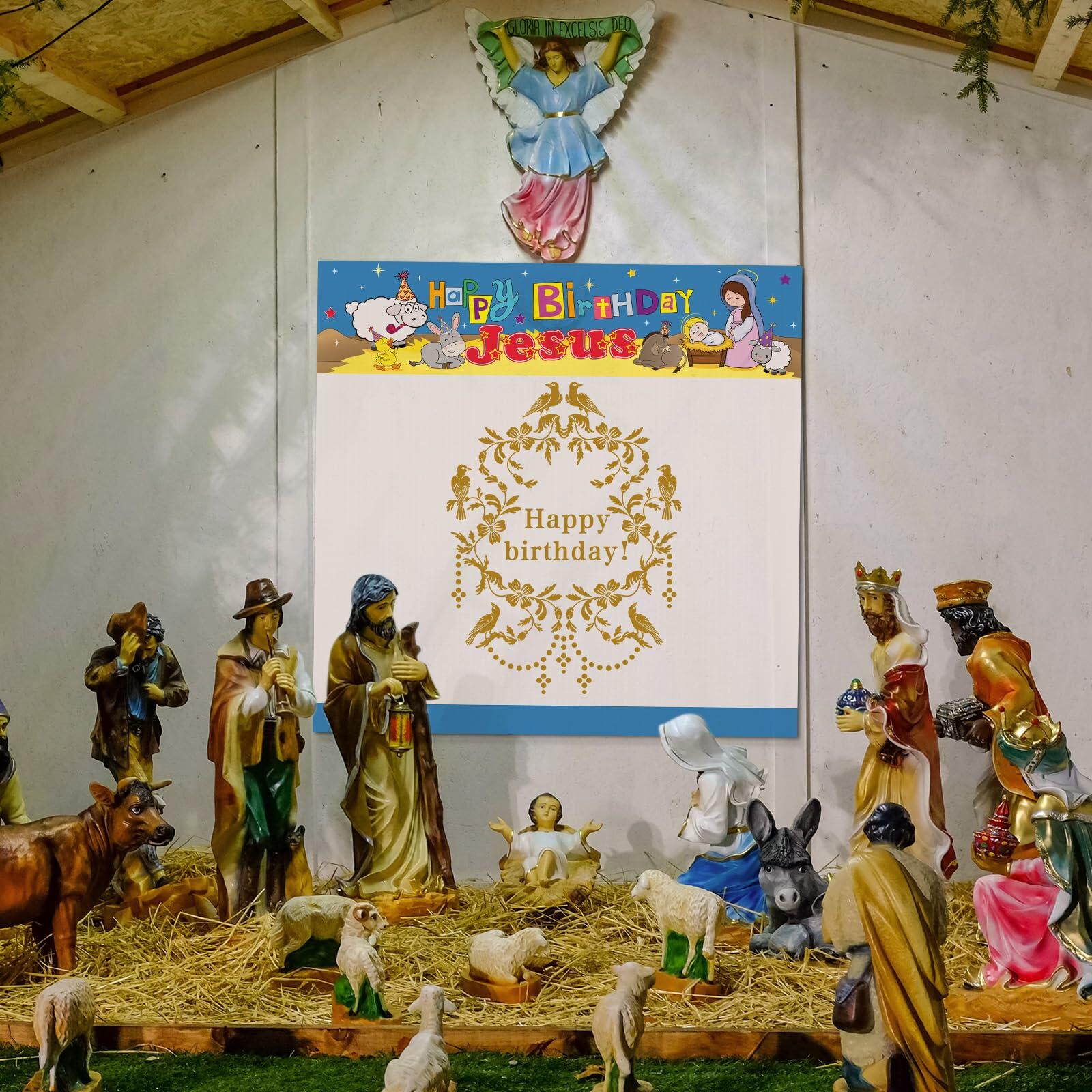 Outus Happy Birthday Jesus Banner Backdrop Christmas Nativity 6x6 ft