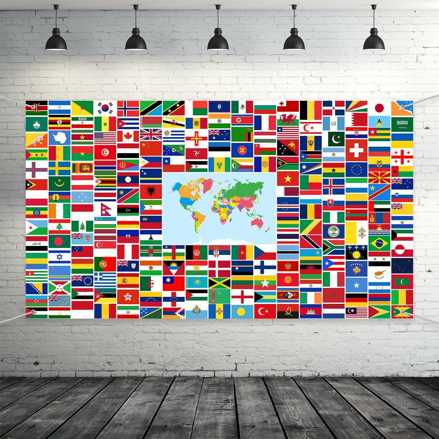Maitys World Flags Banner Country Flags Backdrop with Brass Grommets