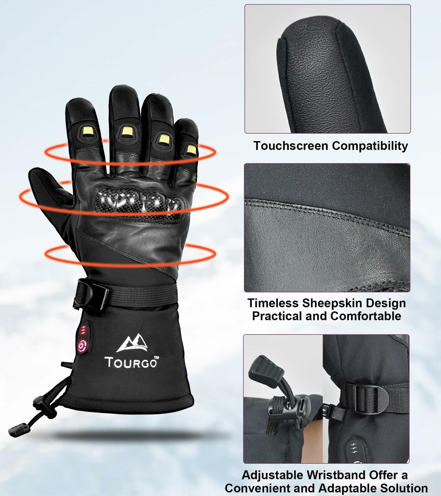 TOURGO Heated Leather Gloves Black Size S