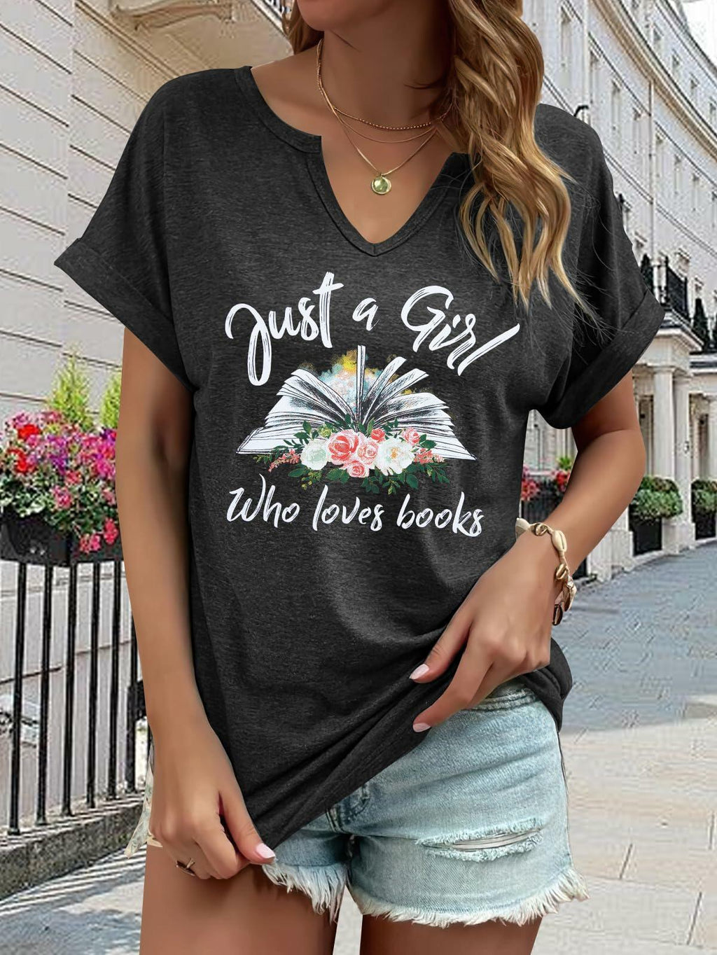 Women Book Lovers Graphic Tee V Neck Short Sleeve Dark Gray Size XL