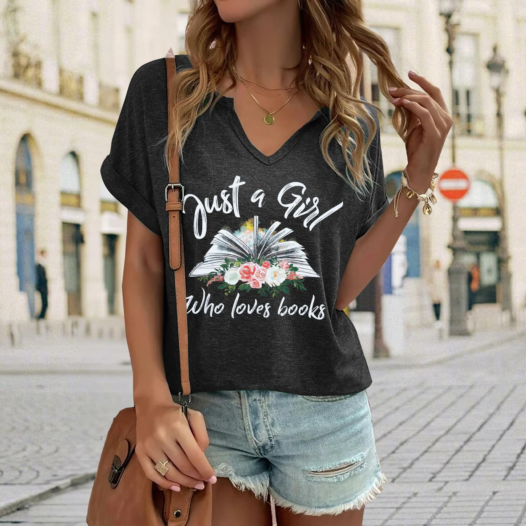 Women Book Lovers Graphic Tee V Neck Short Sleeve Dark Gray Size XL