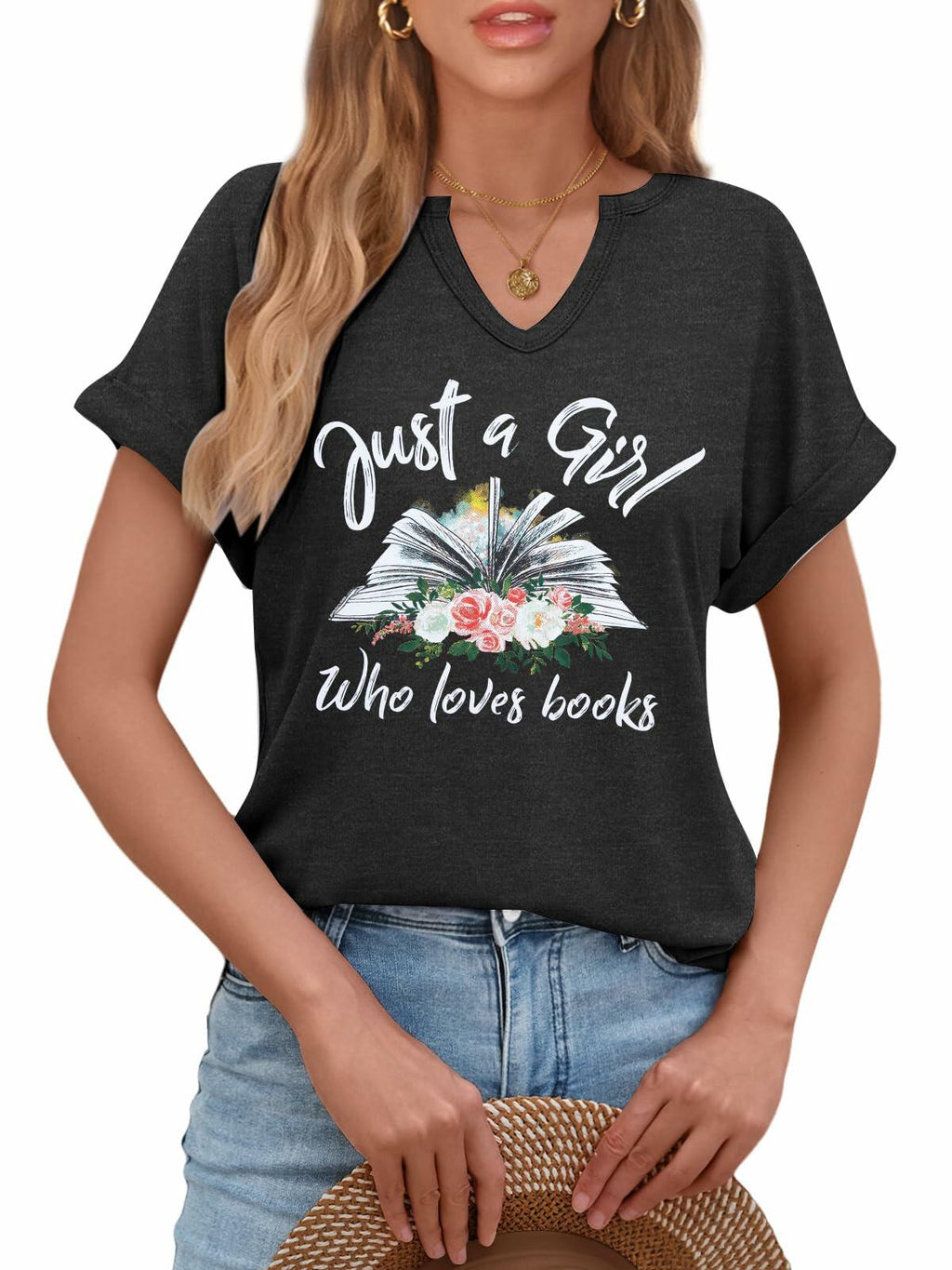 Women Book Lovers Graphic Tee V Neck Short Sleeve Dark Gray Size XL