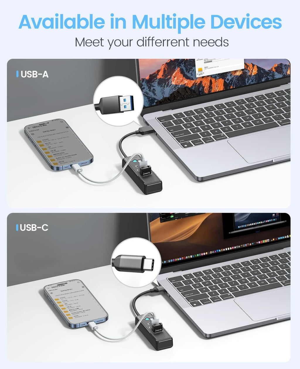 ORICO 4-Port USB 3.0 Hub with 0.49ft Cable Blue Fast Data Transfer